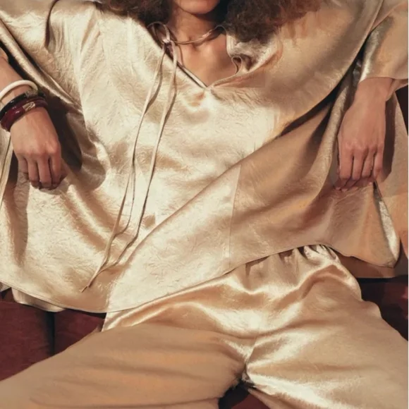 Zara Zw Collection Gold Satin Wide Leg Flowy Pants With Elastic Waist Sz-M - Picture 6 of 8